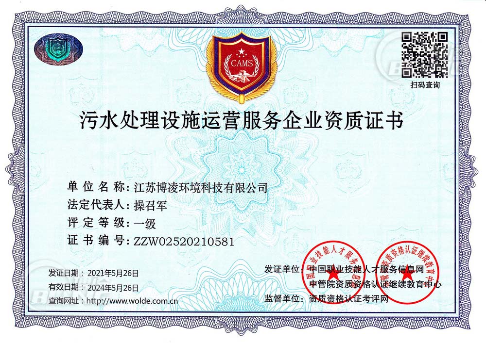 污水处理设施运营服务企业资质证书副本